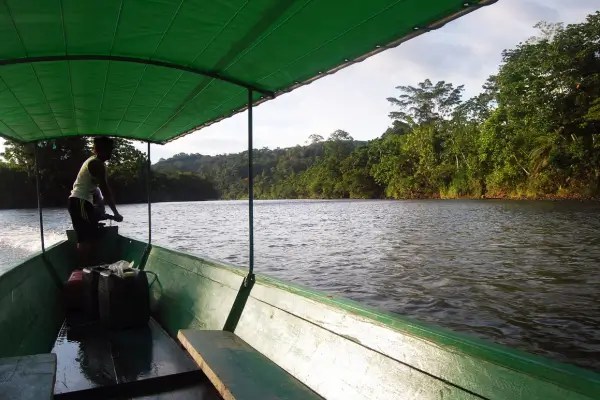 Embarcação navegando por um rio amazônico cercado por vegetação.