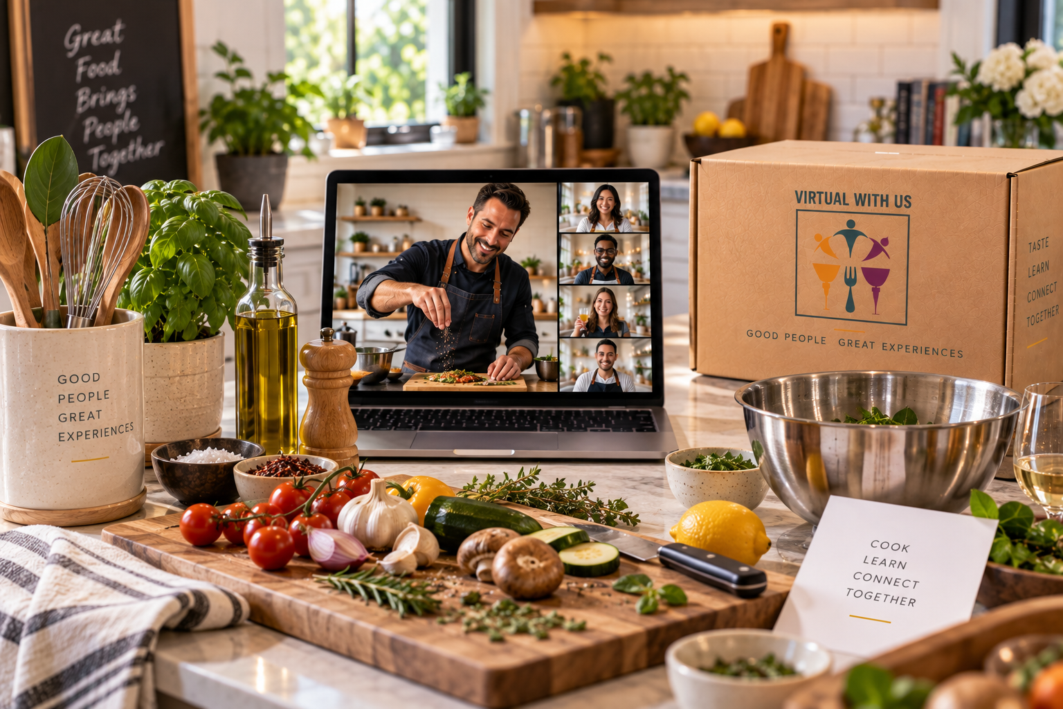 A virtual cooking class in progress — kit from Virtual With Us on a kitchen counter, with a chef instructor guiding participants over video call