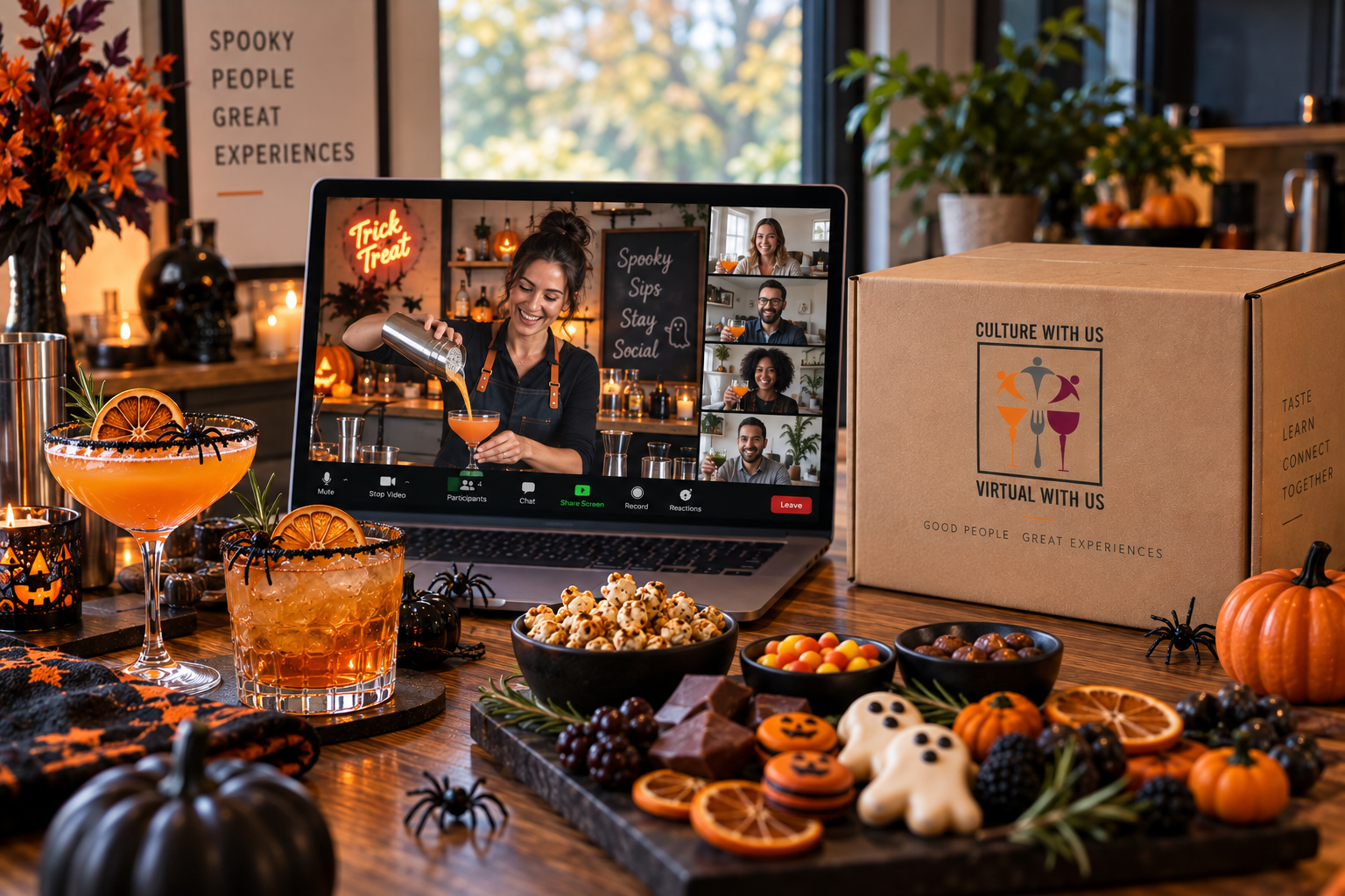 celebrating a virtual Halloween event spooky cocktail and mocktail ingredients and autumnal styling in view