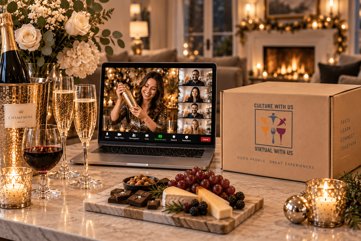 Team members on a video call celebrating wine event, with a kraft gift box of holiday in a view.