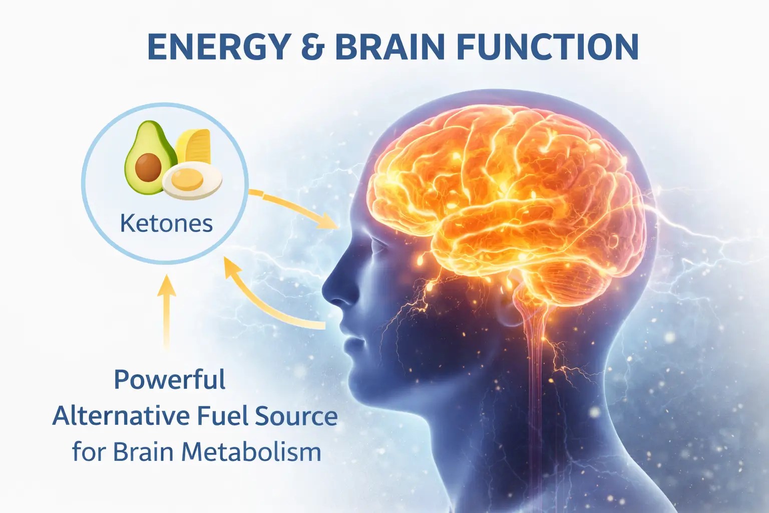 Brain using ketones as energy source with glowing neural activity illustration