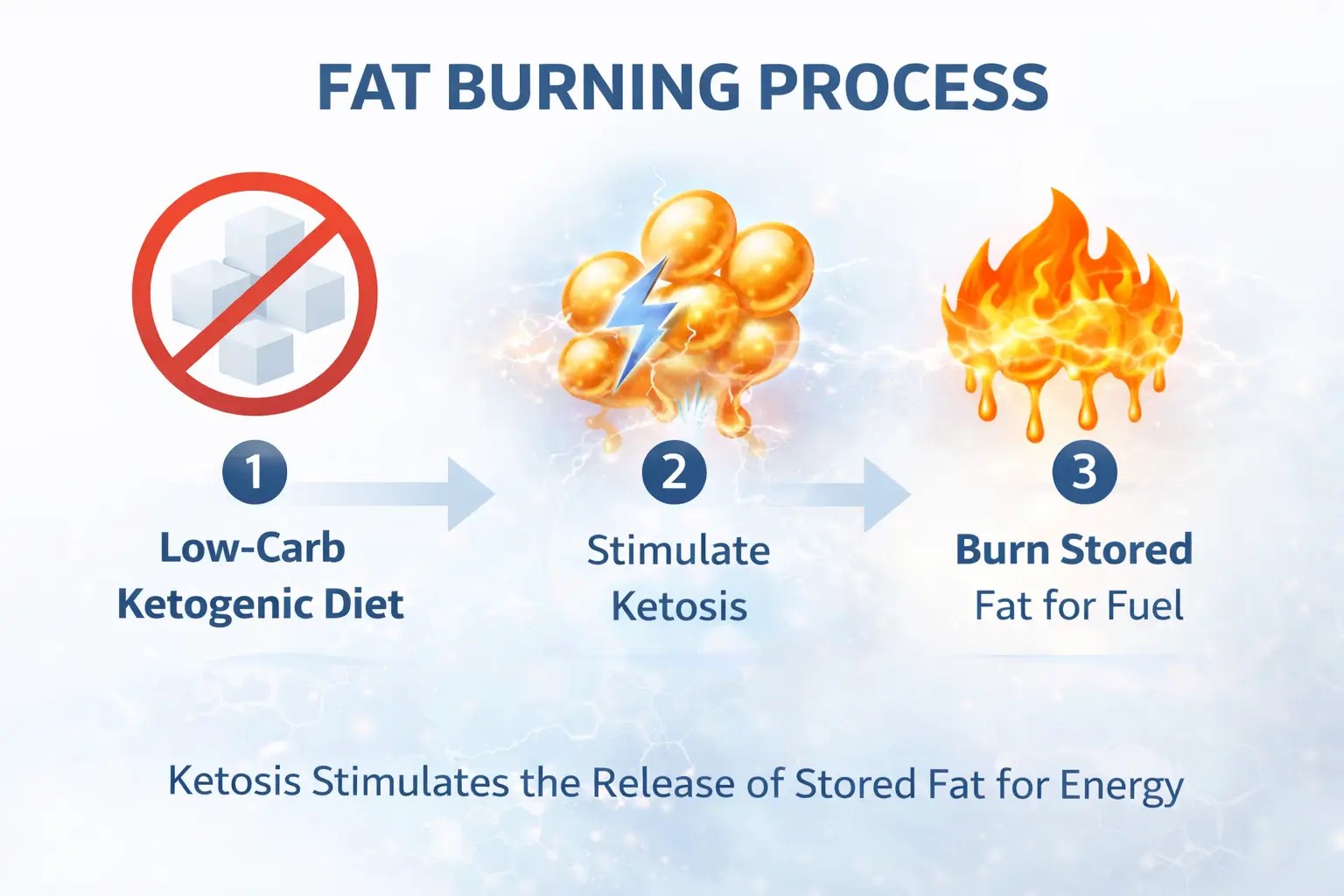 Step by step fat burning process showing ketosis activation and fat used as energy