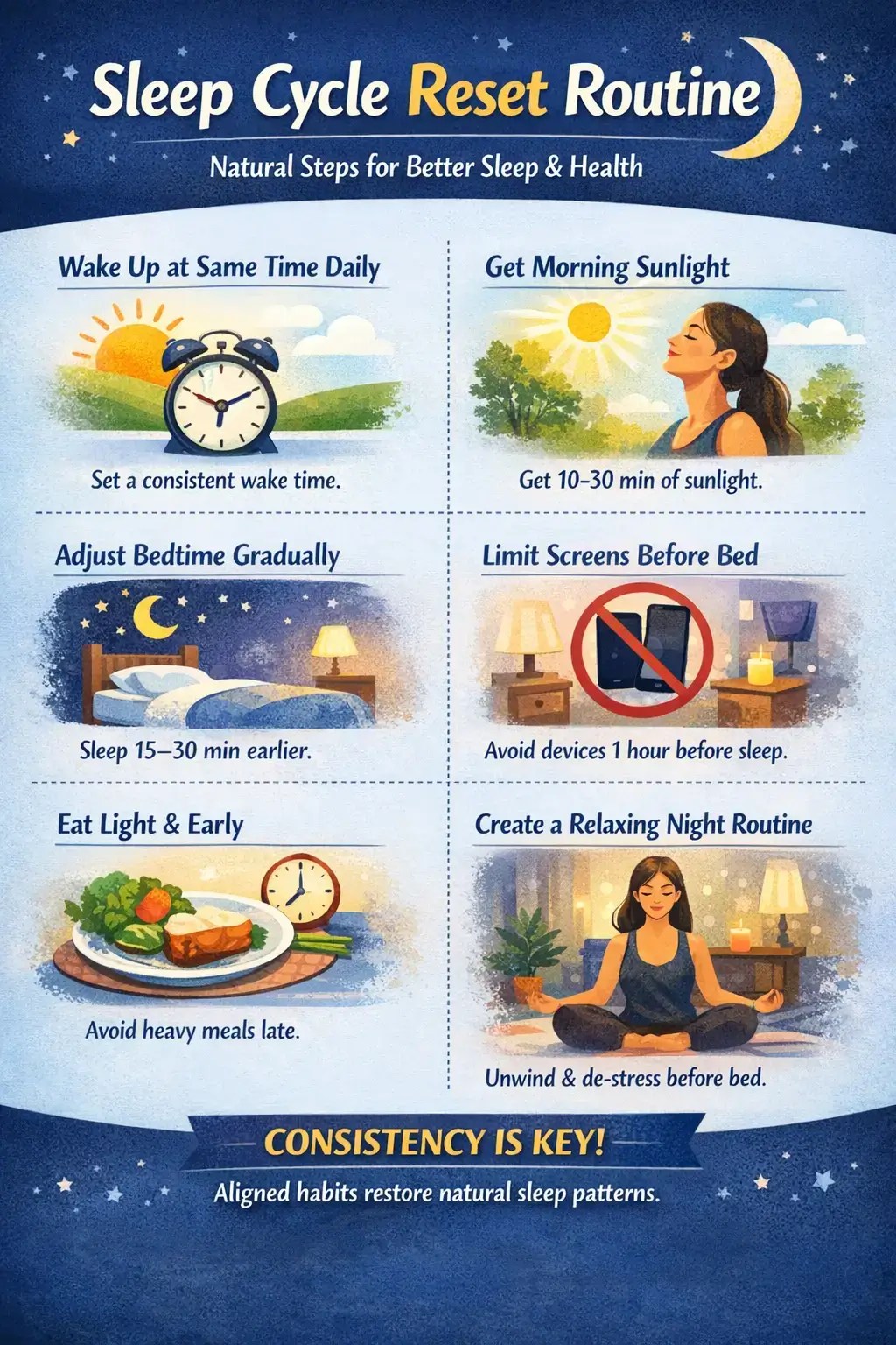 Sleep cycle reset routine infographic showing healthy habits to restore circadian rhythm and improve sleep quality