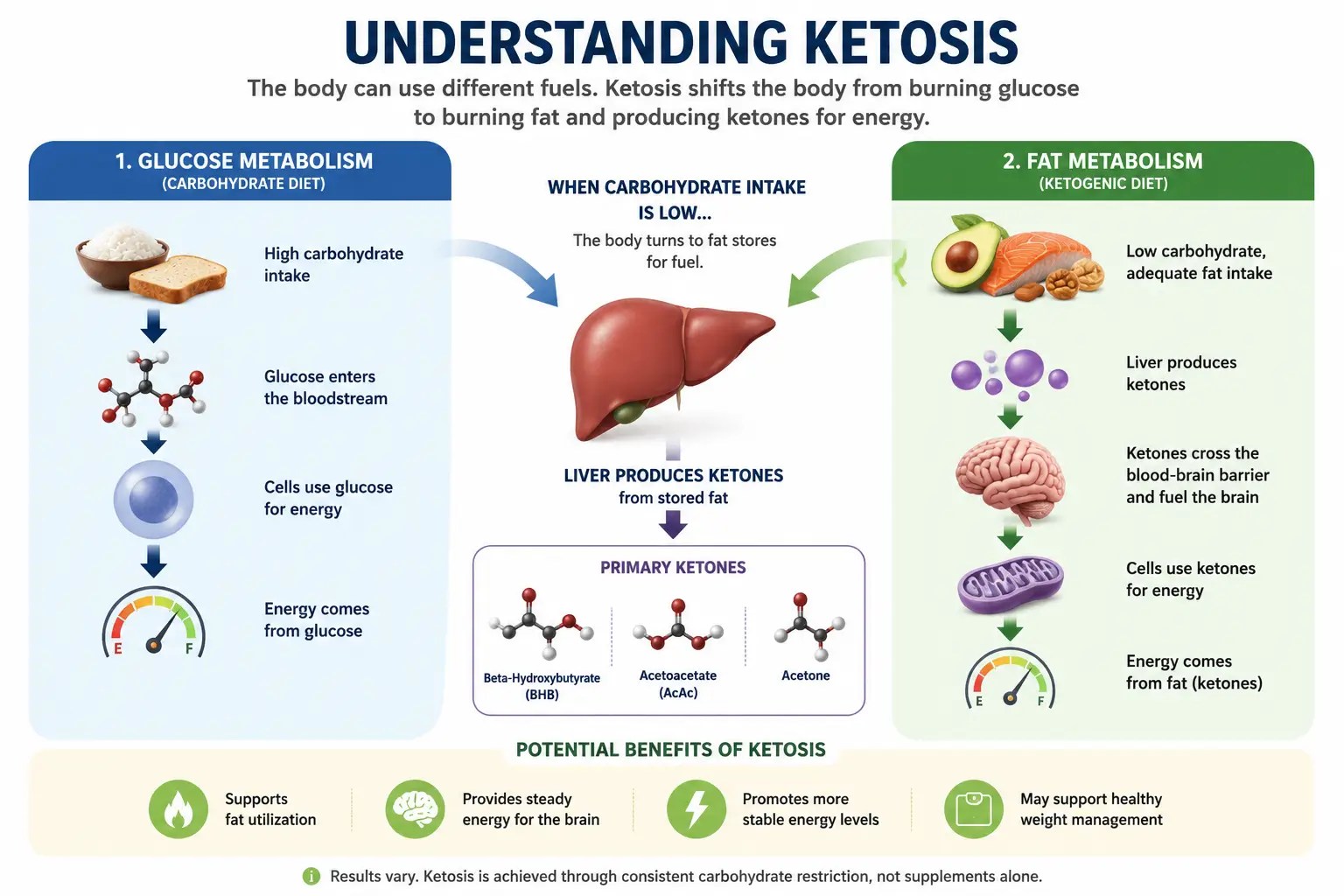 Infographic showing the metabolic transition from glucose metabolism to ketone production during ketosis.