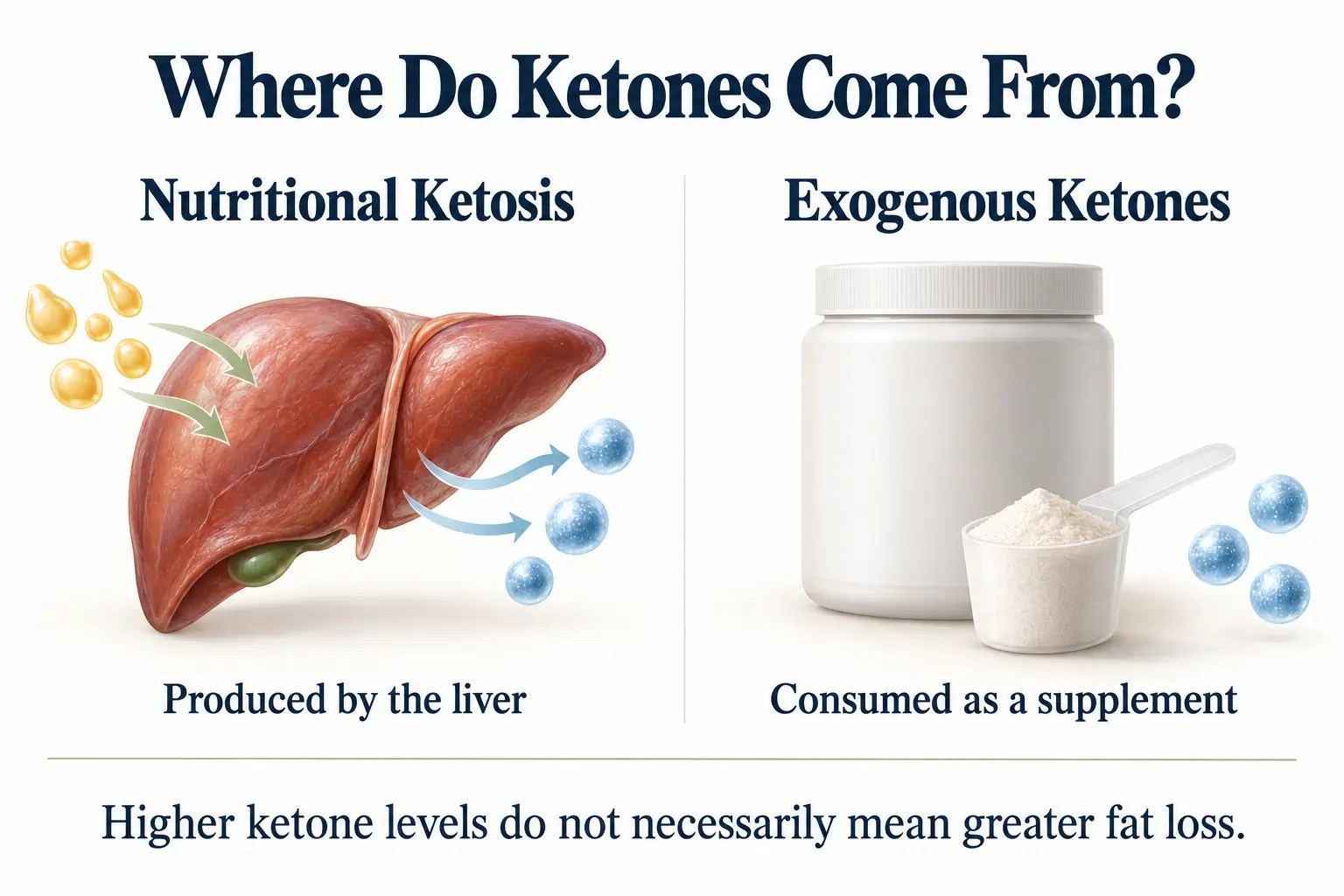 Illustration comparing ketones produced by the liver during nutritional ketosis with exogenous ketones consumed as a supplement.