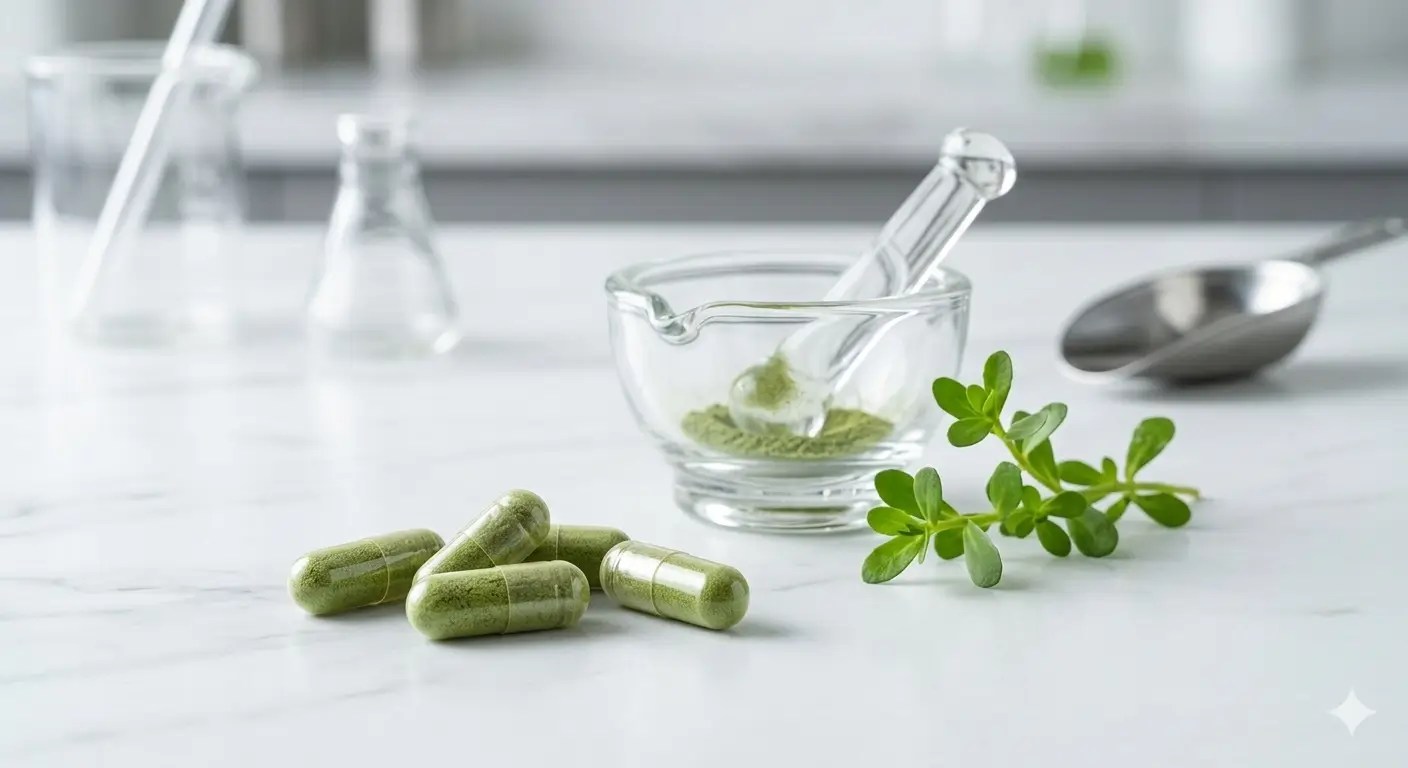 A premium, photorealistic macro shot of transparent supplement capsules filled with vibrant green herbal powder on a polished white marble surface, with a modern glass mortar and a fresh Bacopa Monnieri sprig in the blurred background.