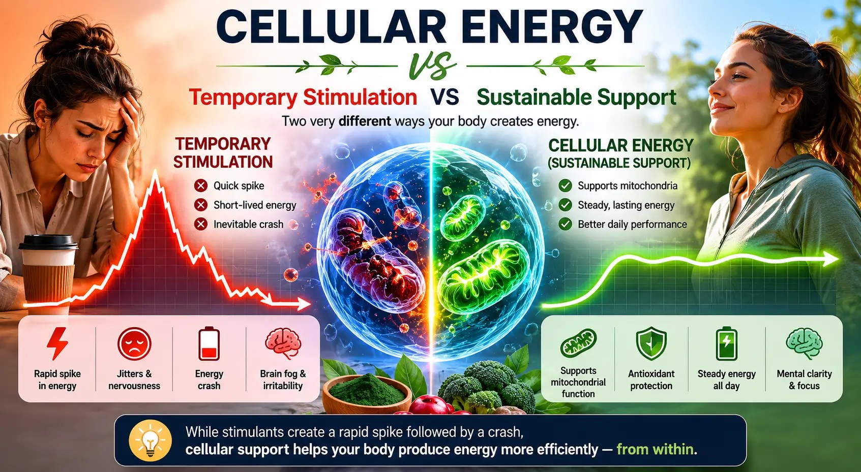 Comparison infographic showing the difference between quick stimulation from caffeine and energy drinks versus sustainable cellular energy support through nutrition, antioxidants, and mitochondrial wellness.