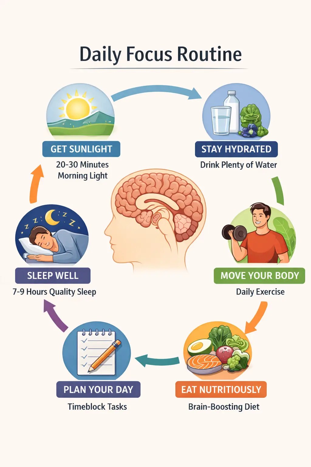 daily habits to improve focus sleep hydration nutrition exercise