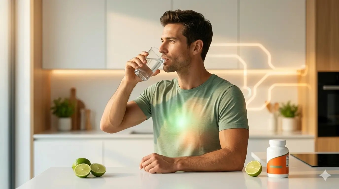 A side profile photograph of a healthy man drinking mineralized water in a clean kitchen, visualizing natural cellular energy boost.