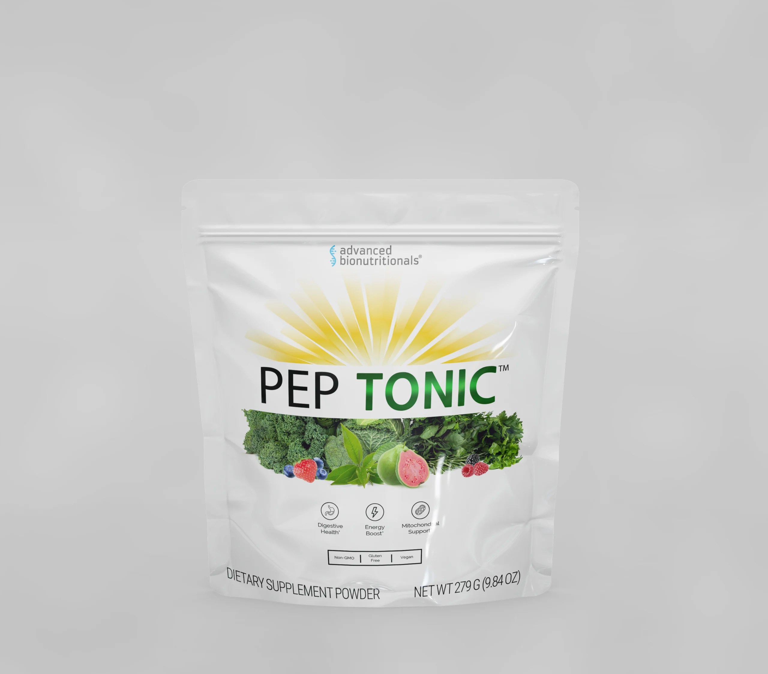 Pep Tonic dietary supplement pouch by Advanced Bionutritionals, showing the front packaging and 279 g net weight