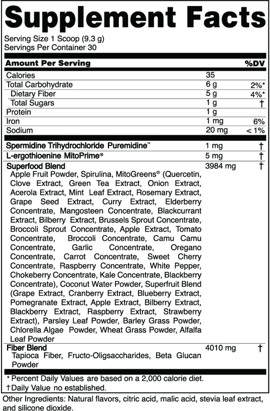Pep Tonic Supplement Facts label showing ingredients and amounts per 9.3 g scoop, with 30 servings per container