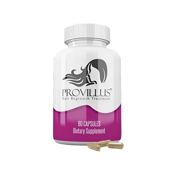 Provillus dietary supplement bottle with a white and purple label marked 60 capsules.