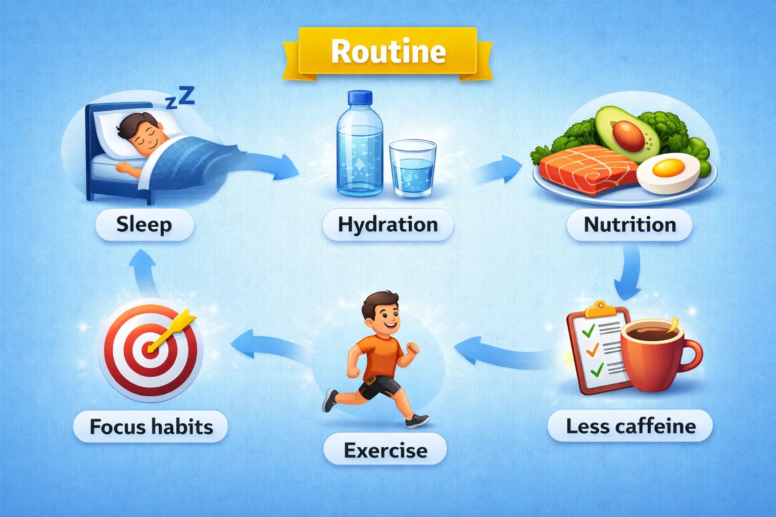 A flat-style orbital infographic titled "Routine" on a light blue background. Six icons show a cycle of: Sleep, Hydration, Nutrition, Less Caffeine, Exercise, and Focus Habits.