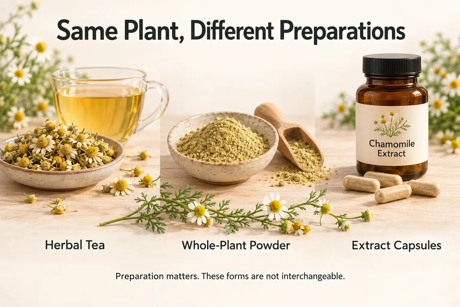 Illustration of chamomile as herbal tea, whole-plant powder, and extract capsules arranged side by side.