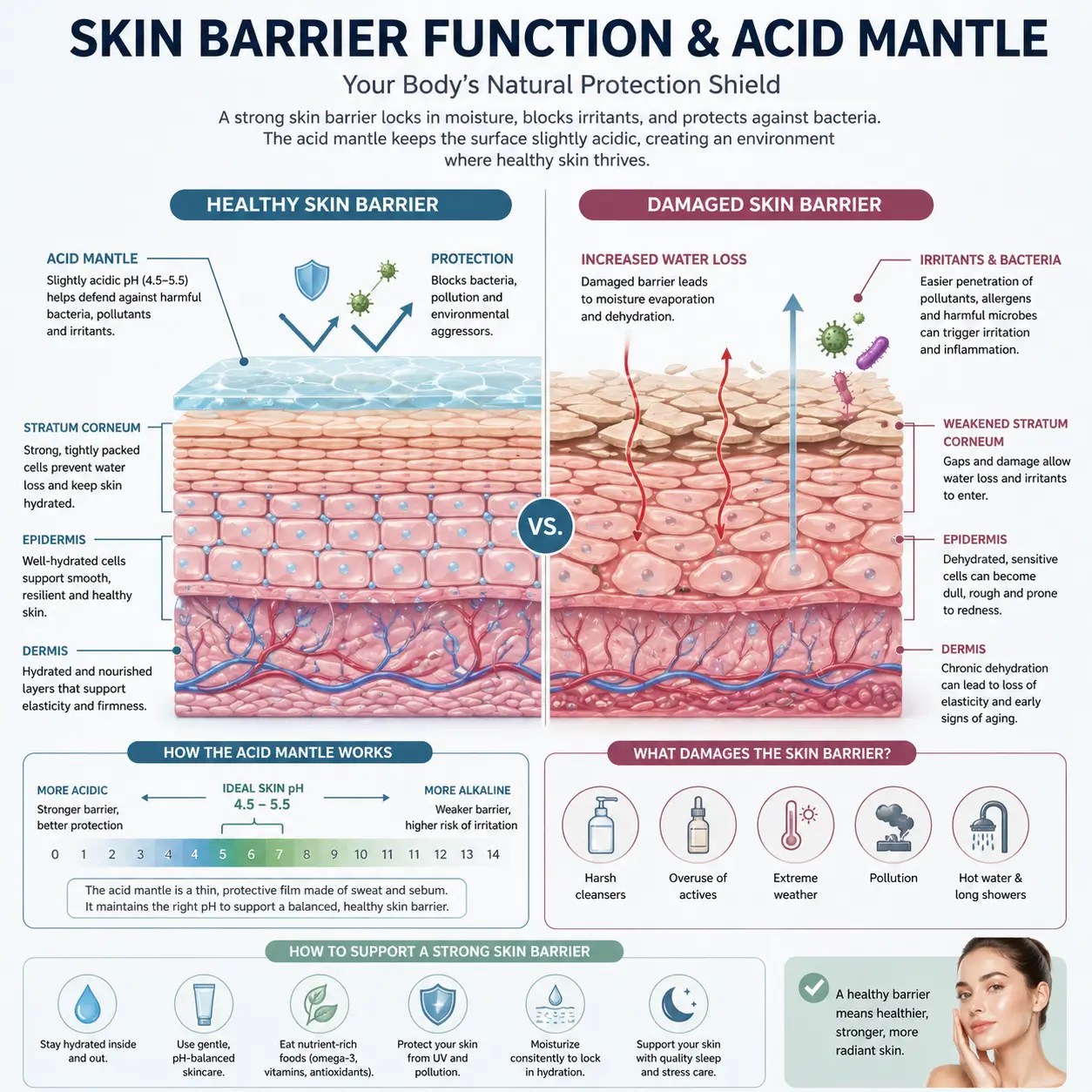 Skin barrier structure showing hydration and protection layers
