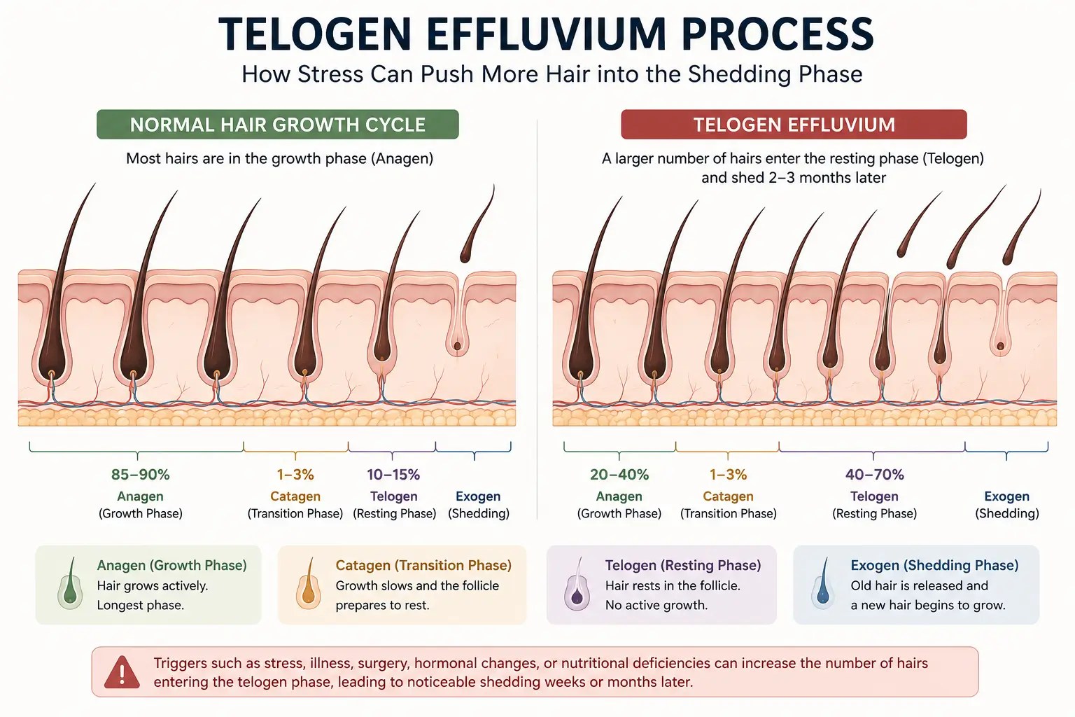 Comparison between normal hair growth and telogen effluvium-related shedding