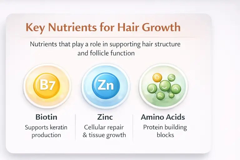 Key nutrients for hair growth biotin zinc amino acids infographic
