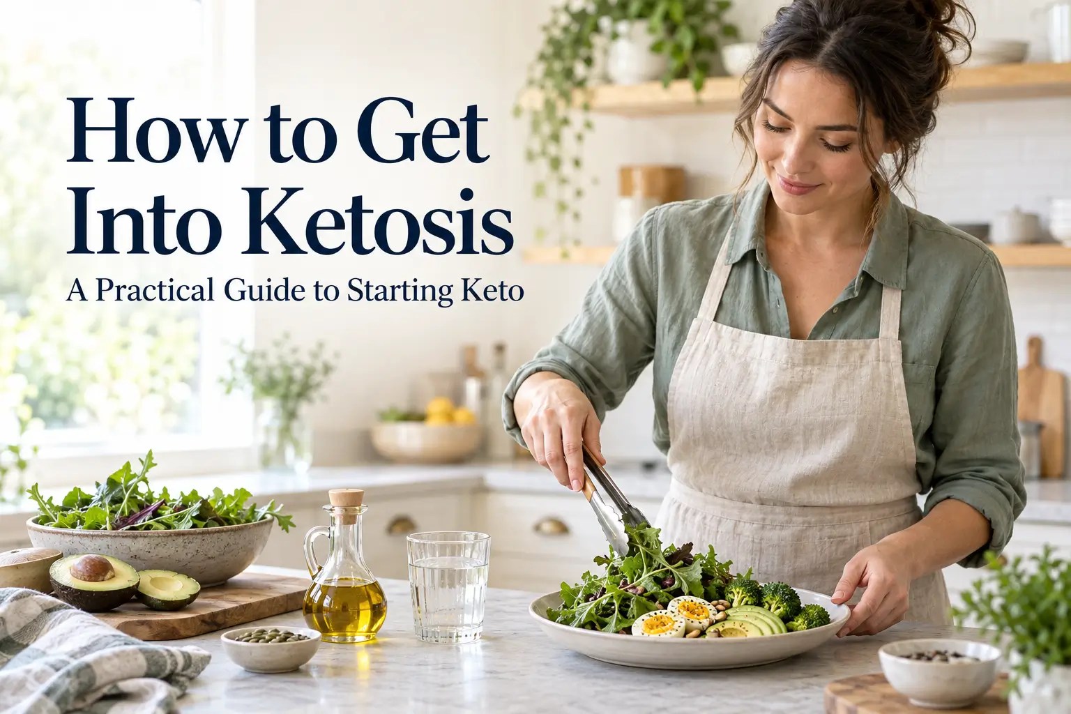 Woman preparing a plate with eggs, avocado, broccoli, and leafy greens in a bright kitchen, beside the title “How to Get Into Ketosis.”