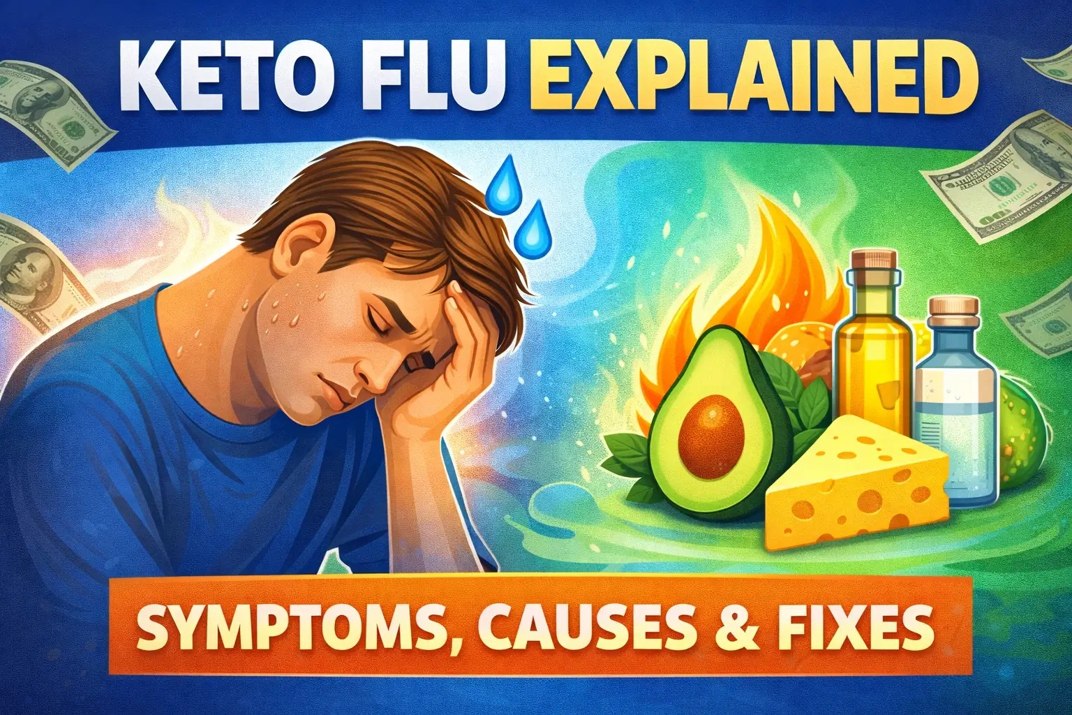 Keto flu explained illustration showing tired man with fatigue symptoms and ketogenic foods like avocado, cheese and oil representing transition to fat burning