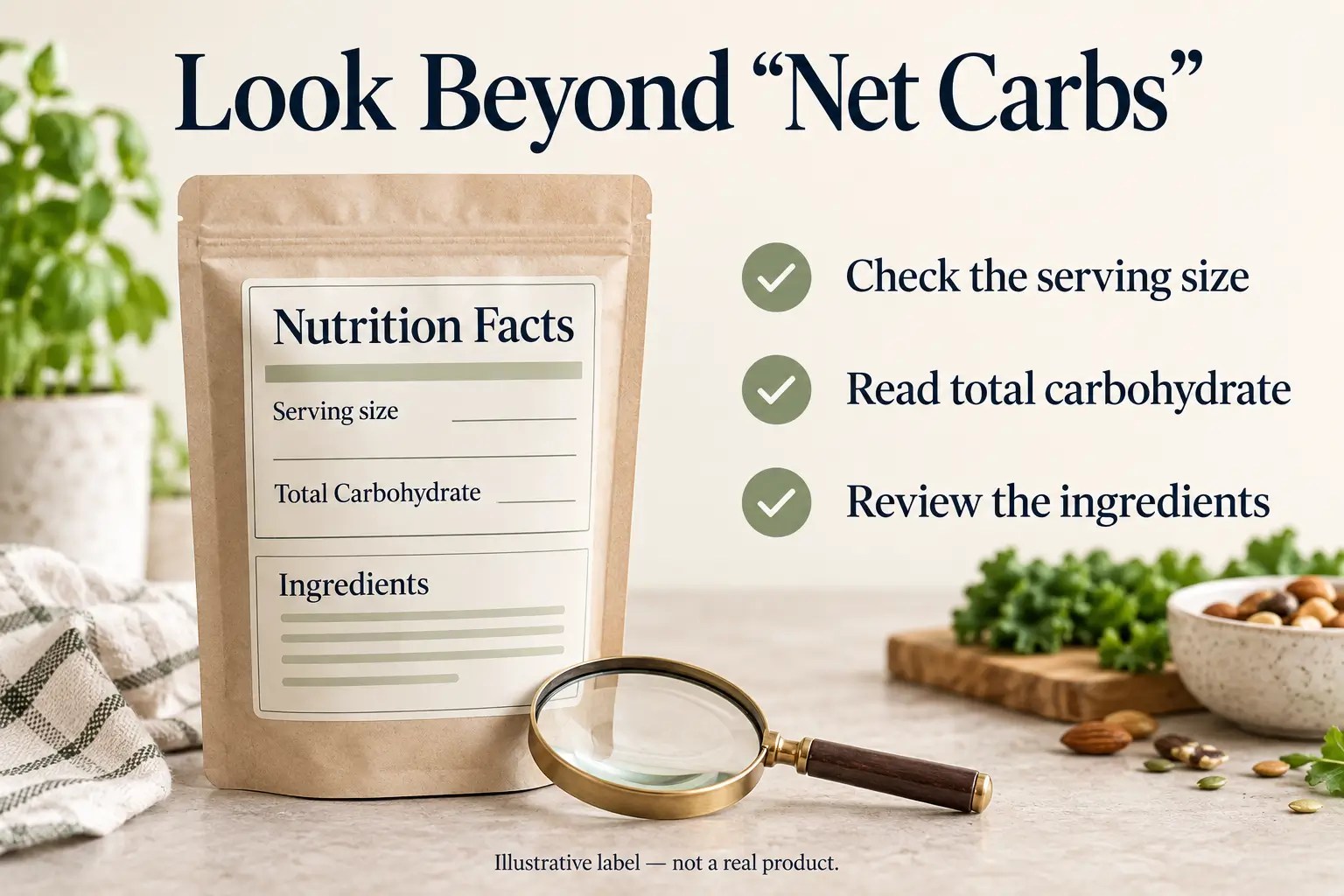 Illustrative food package and magnifying glass beside a checklist highlighting serving size, total carbohydrate, and ingredients.