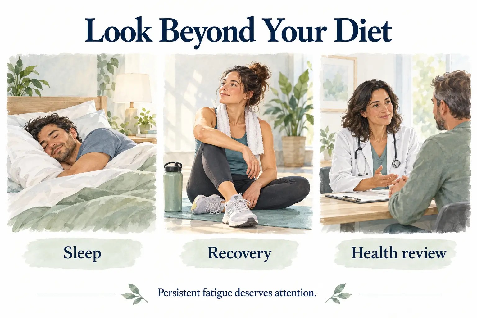 Three illustrations showing sleep, rest after exercise, and a consultation with a healthcare professional