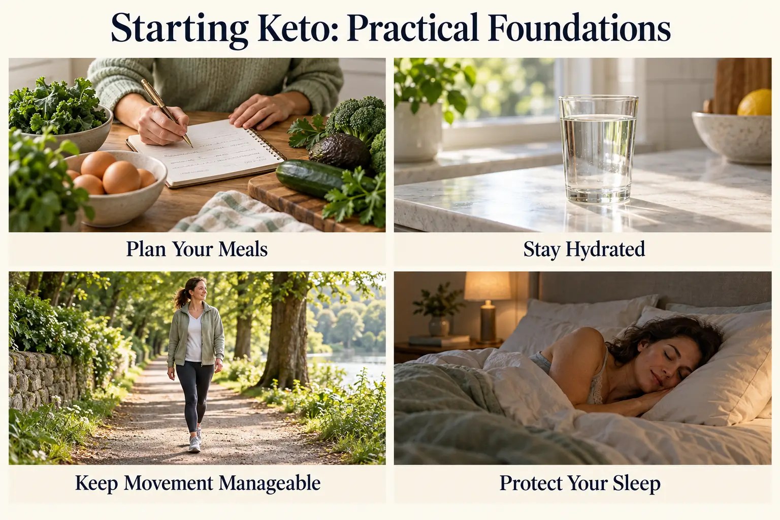 Four-panel image showing meal planning, a glass of water, a woman walking outdoors, and a woman sleeping.