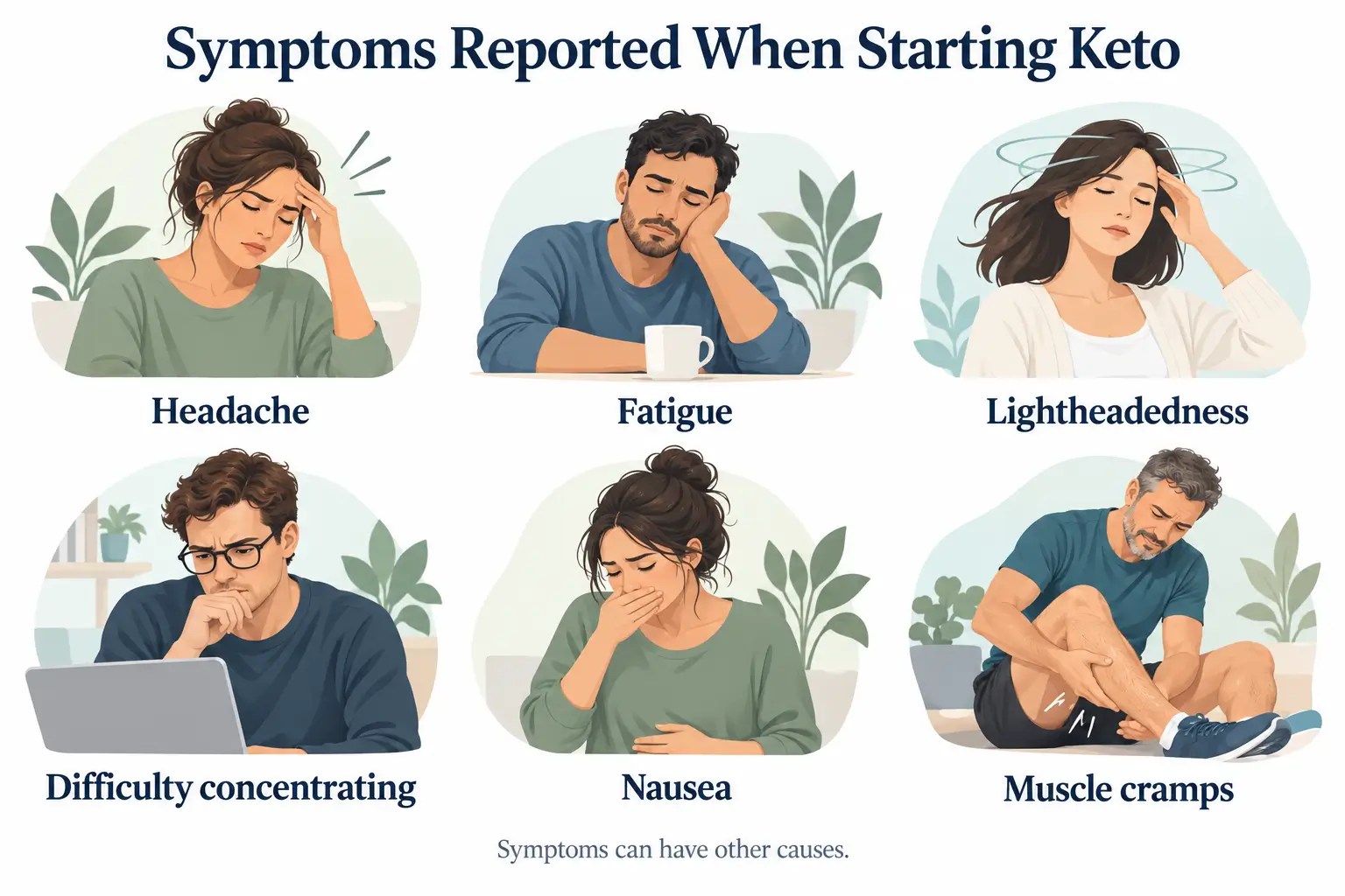 Illustrations of headache, fatigue, lightheadedness, difficulty concentrating, nausea, and muscle cramps