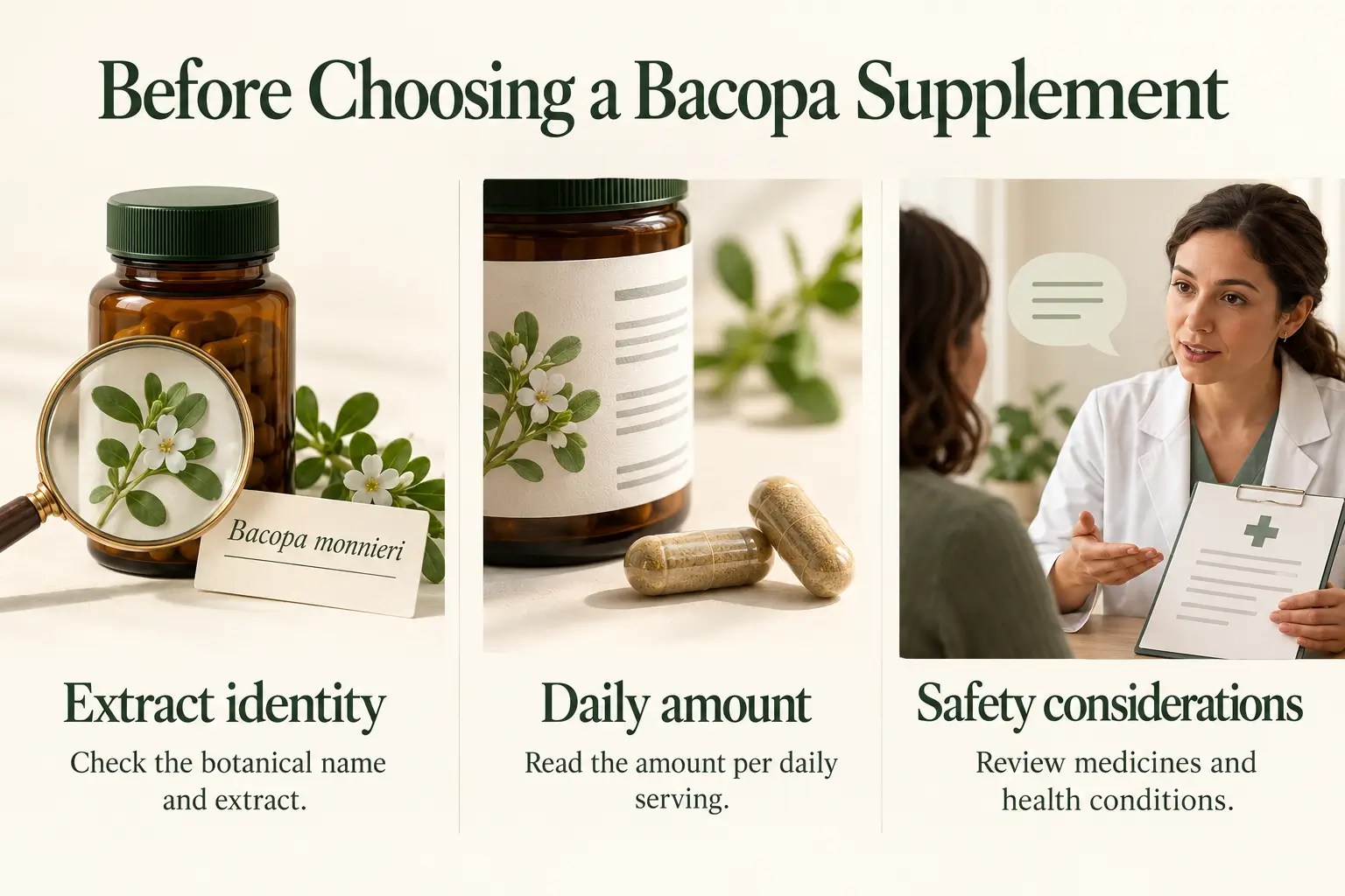 Three considerations when choosing a Bacopa supplement: extract identity, daily serving amount, and a discussion with a healthcare professional about safety.