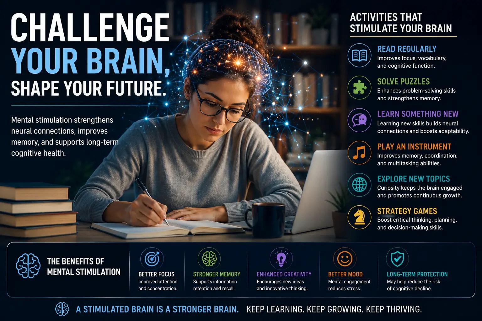 Mental stimulation activities supporting learning, memory, and brain adaptability