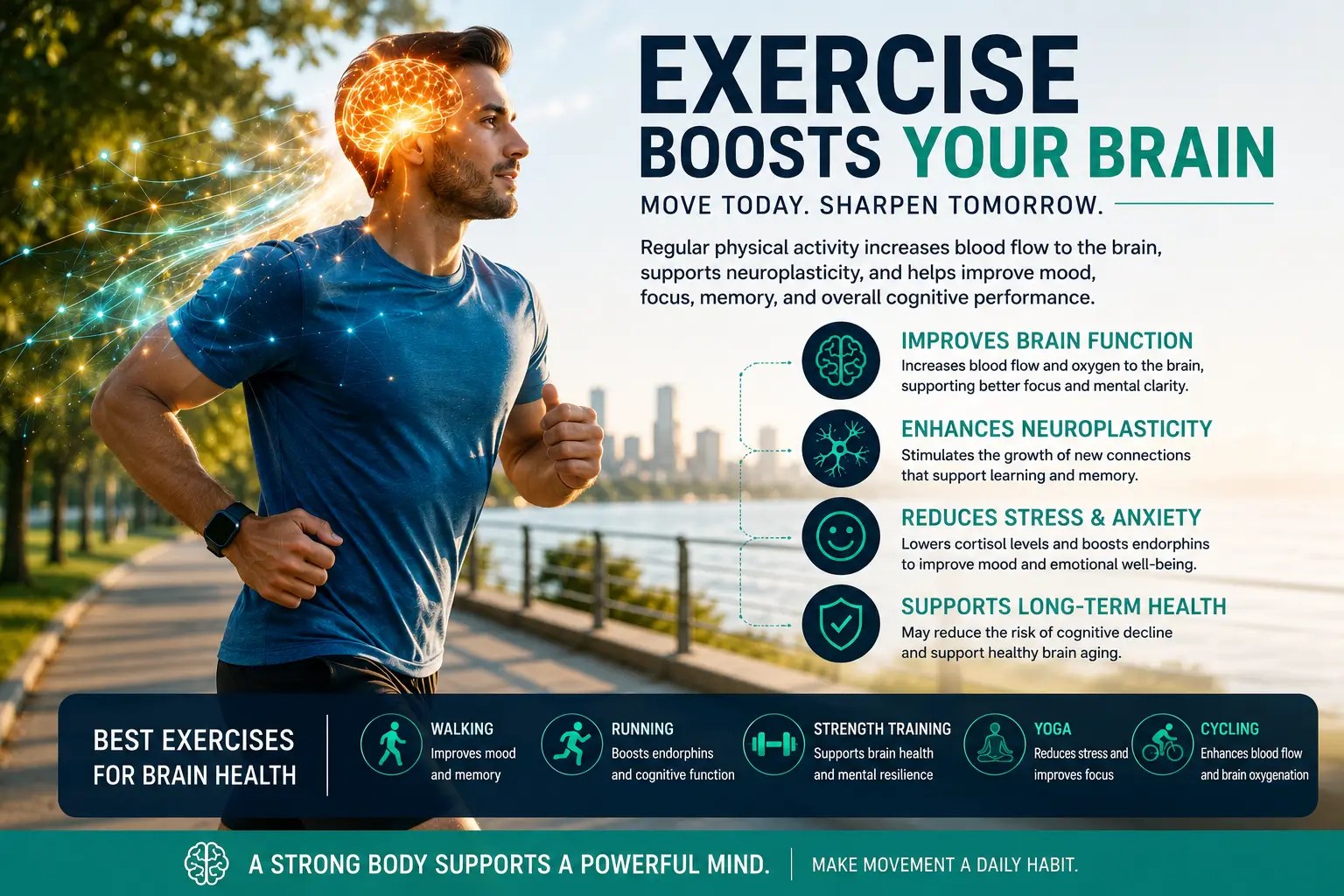 Regular physical activity supporting brain performance and cognitive health.