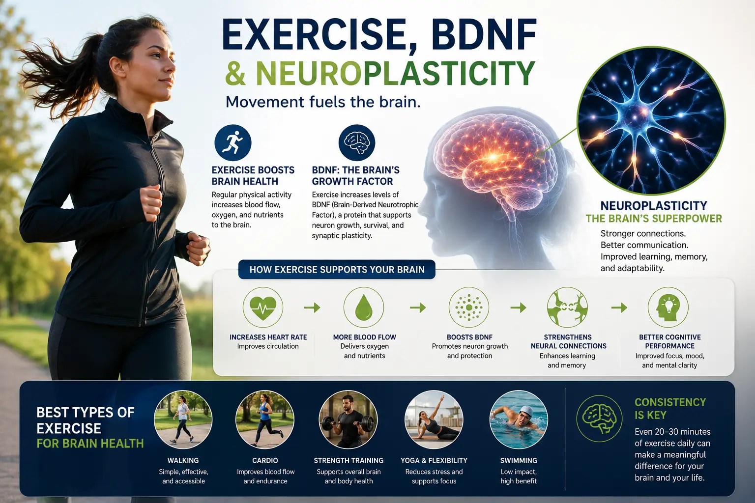 Comprehensive infographic explaining the impact of chronic stress and cortisol on brain function, featuring a stressed professional, highlighted brain regions affected by prolonged cortisol exposure, common symptoms of chronic stress, and practical lifestyle habits that may support cognitive performance and emotional well-being.