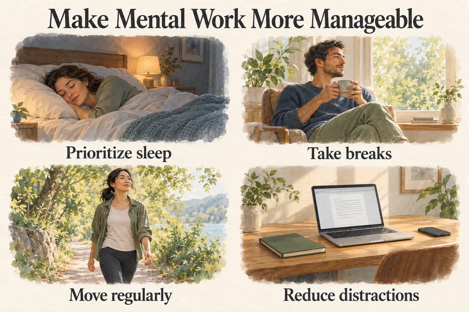 Four illustrations showing sleep, a quiet break by a window, walking outdoors, and an uncluttered workspace with fewer distractions.