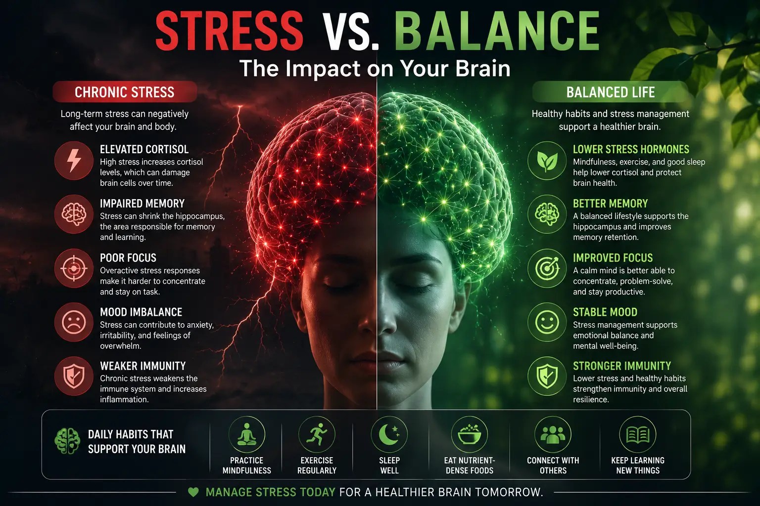 Comparison between chronic stress effects and balanced brain function.