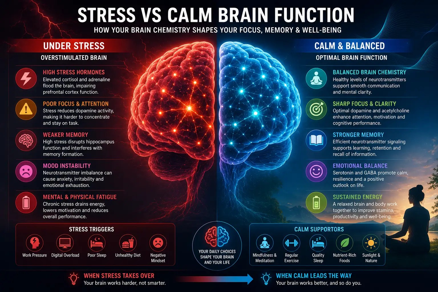 Split-brain illustration comparing chronic stress and balanced neurotransmitter activity.