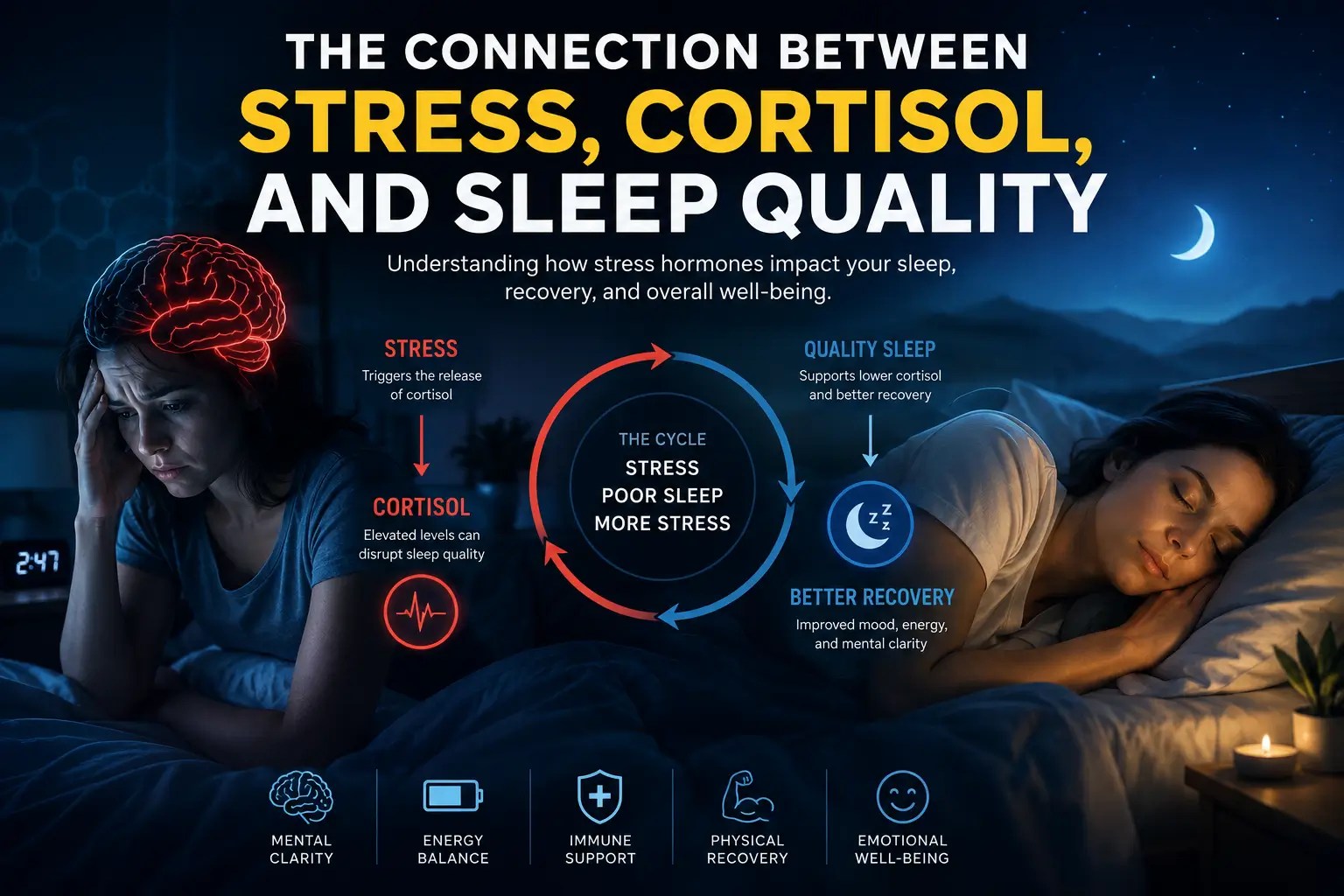 Stressed person struggling with sleep due to elevated cortisol levels