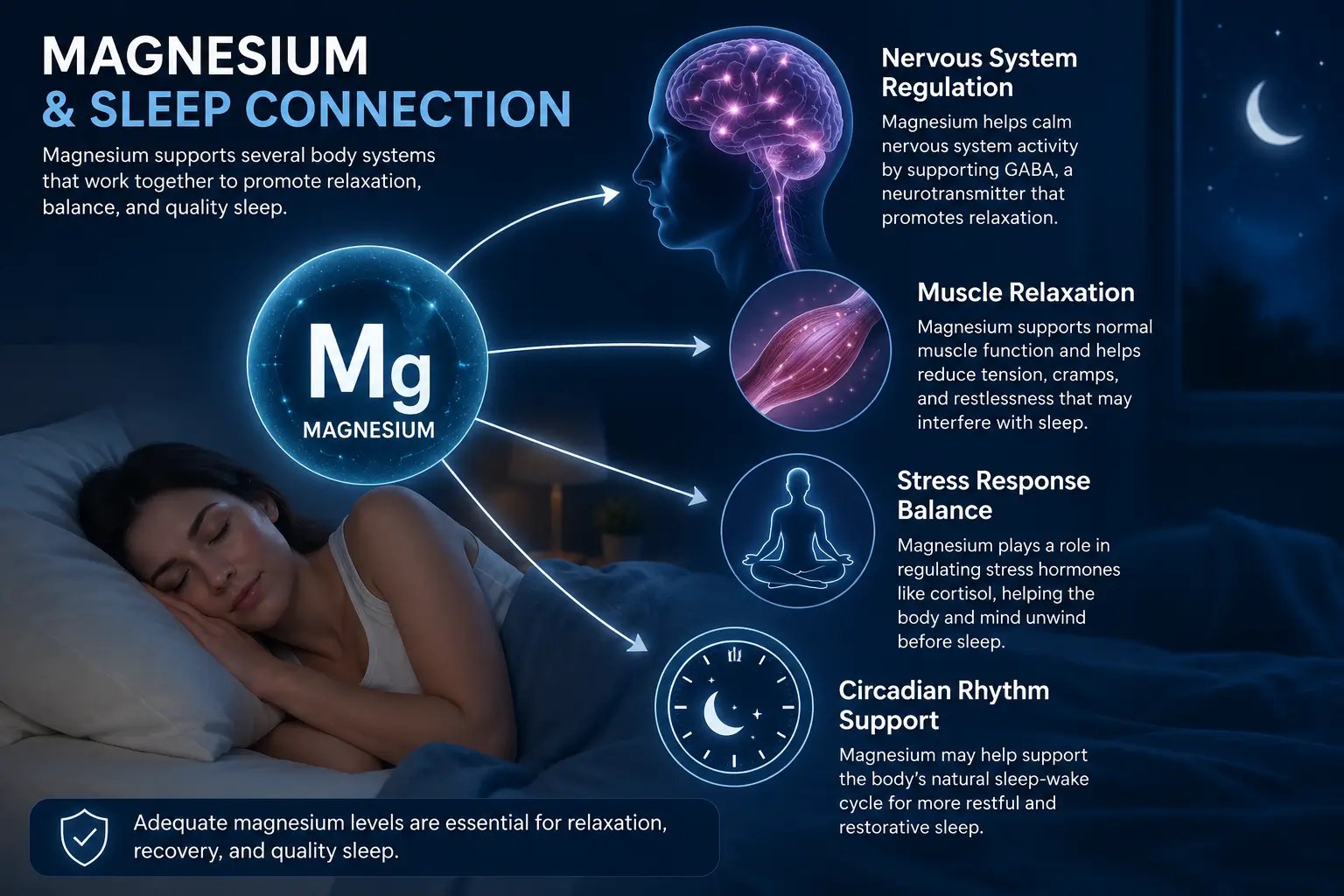 Detailed medical infographic illustrating magnesium’s role in the nervous system, featuring a human brain, neural connections, neurotransmitter activity, and sleep-related relaxation pathways that support healthy sleep quality