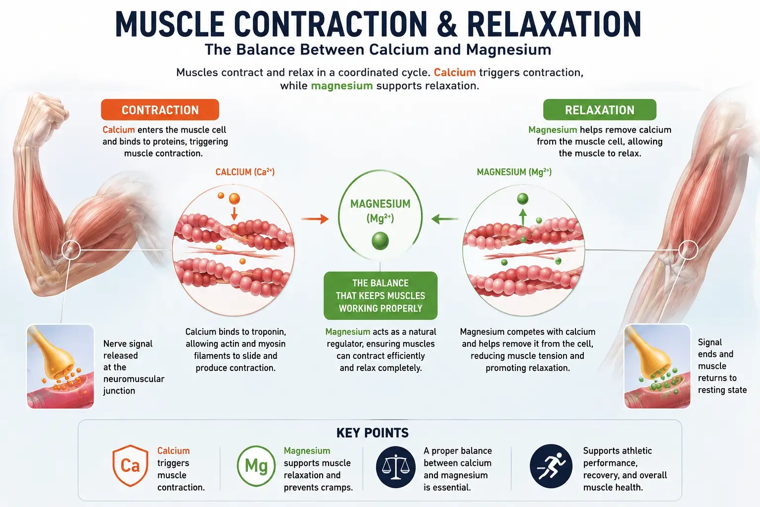 Illustration showing how magnesium supports normal muscle contraction and relaxation processes