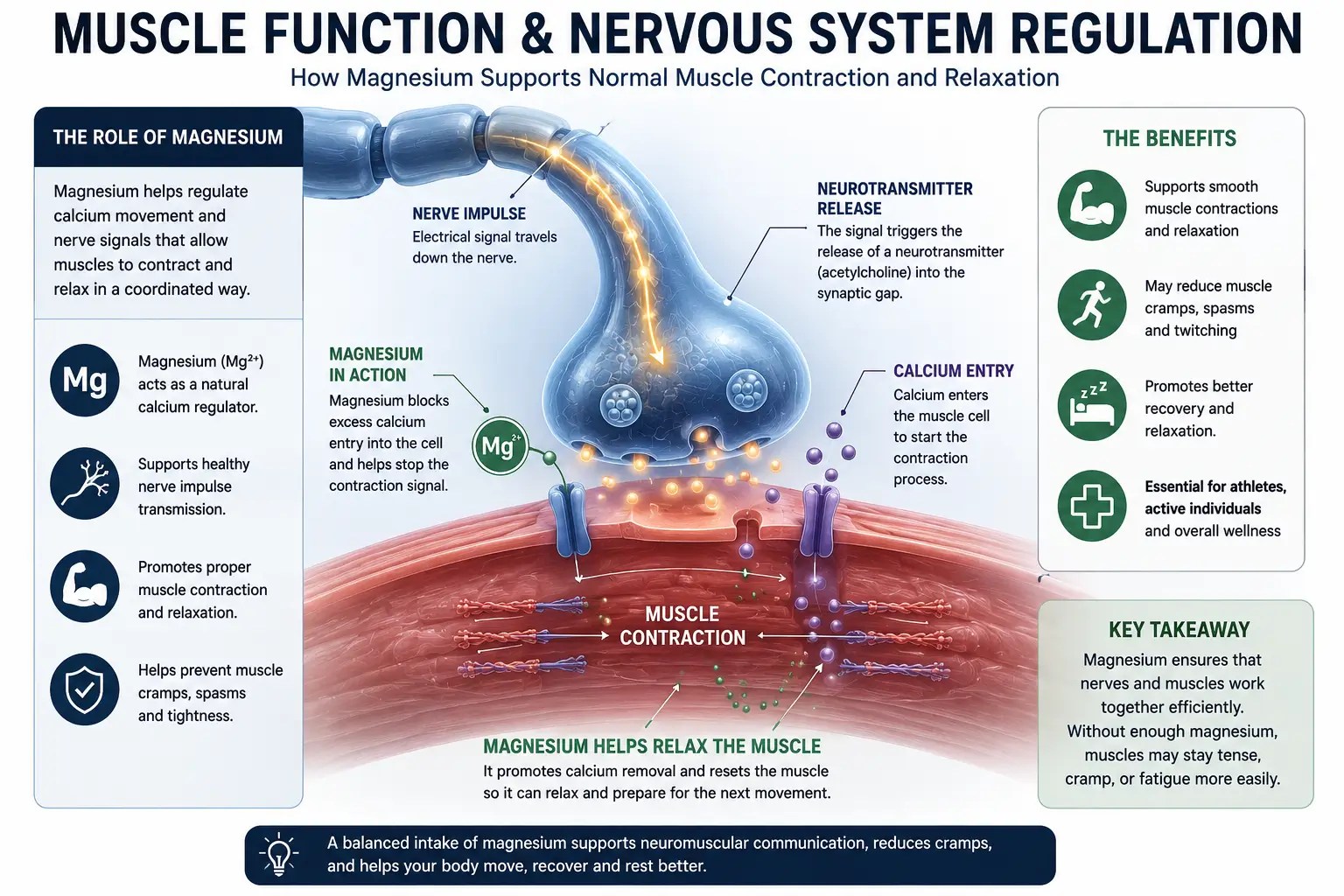Medical illustration showing magnesium's role in muscle contraction and relaxation
