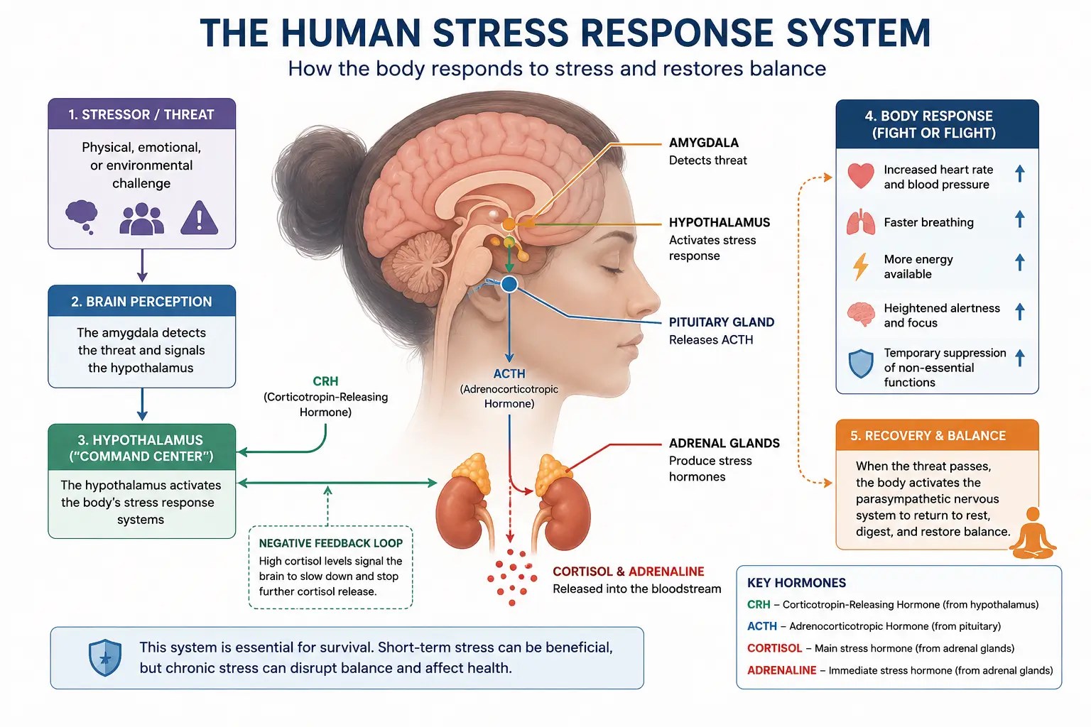 Medical illustration showing the body's stress-response system including the brain, HPA axis, and adrenal glands