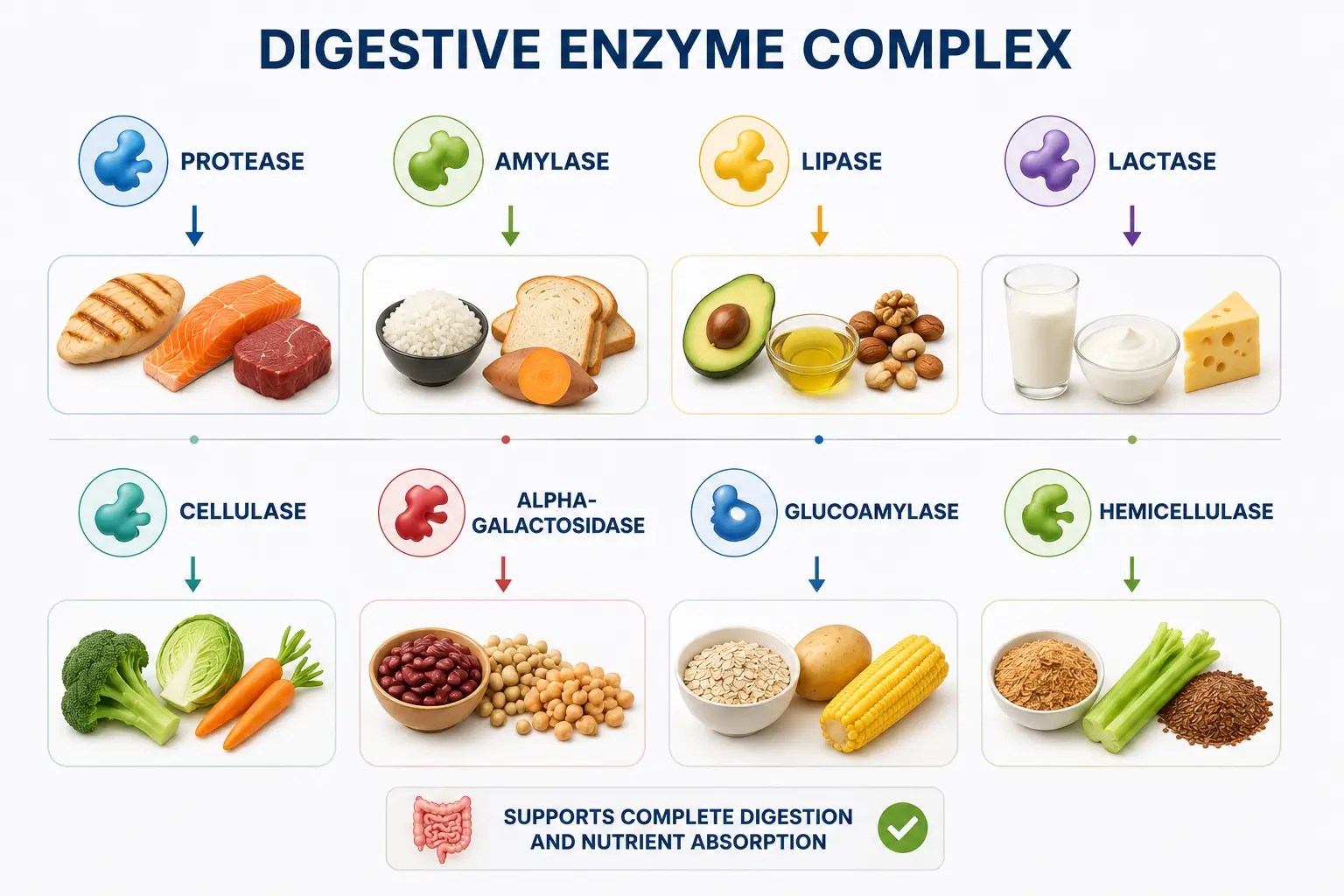 Clean infographic illustrating a complete digestive enzyme complex, showing protease, amylase, lipase, lactase, cellulase, alpha-galactosidase, glucoamylase, and hemicellulase alongside the foods they help break down to support efficient digestion and nutrient absorption