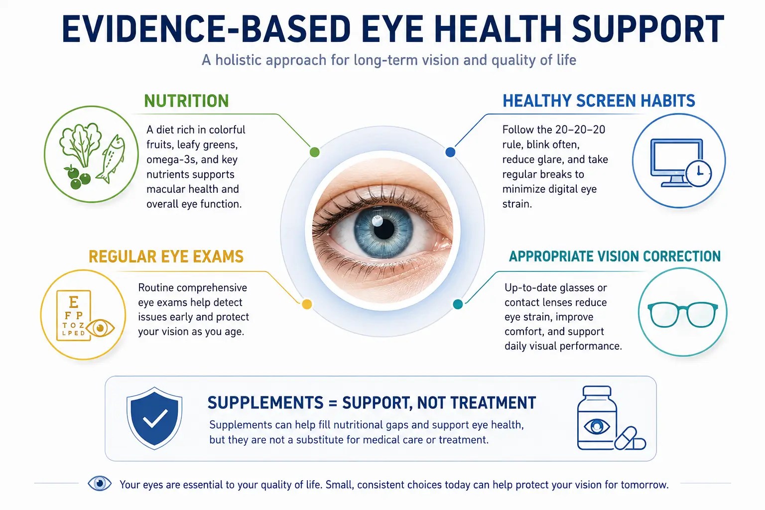 Four evidence-based pillars of long-term eye health including nutrition and regular eye examinations