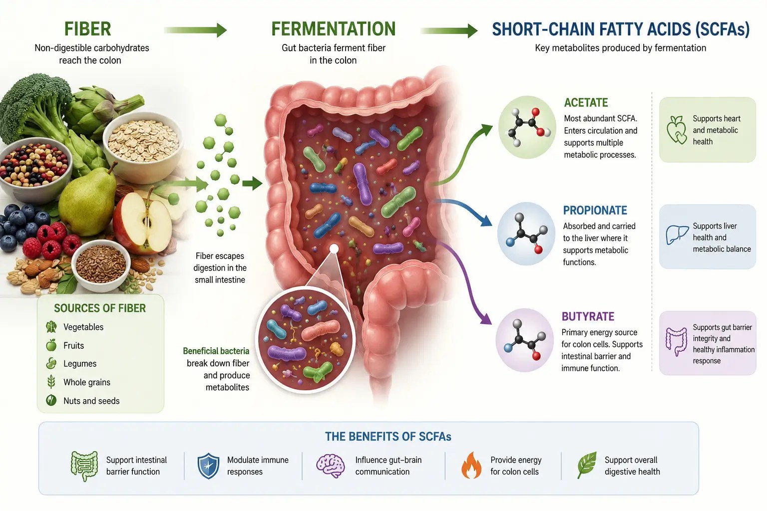 Diagram showing how gut bacteria ferment dietary fiber in the colon to produce short-chain fatty acids, including acetate, propionate, and butyrate