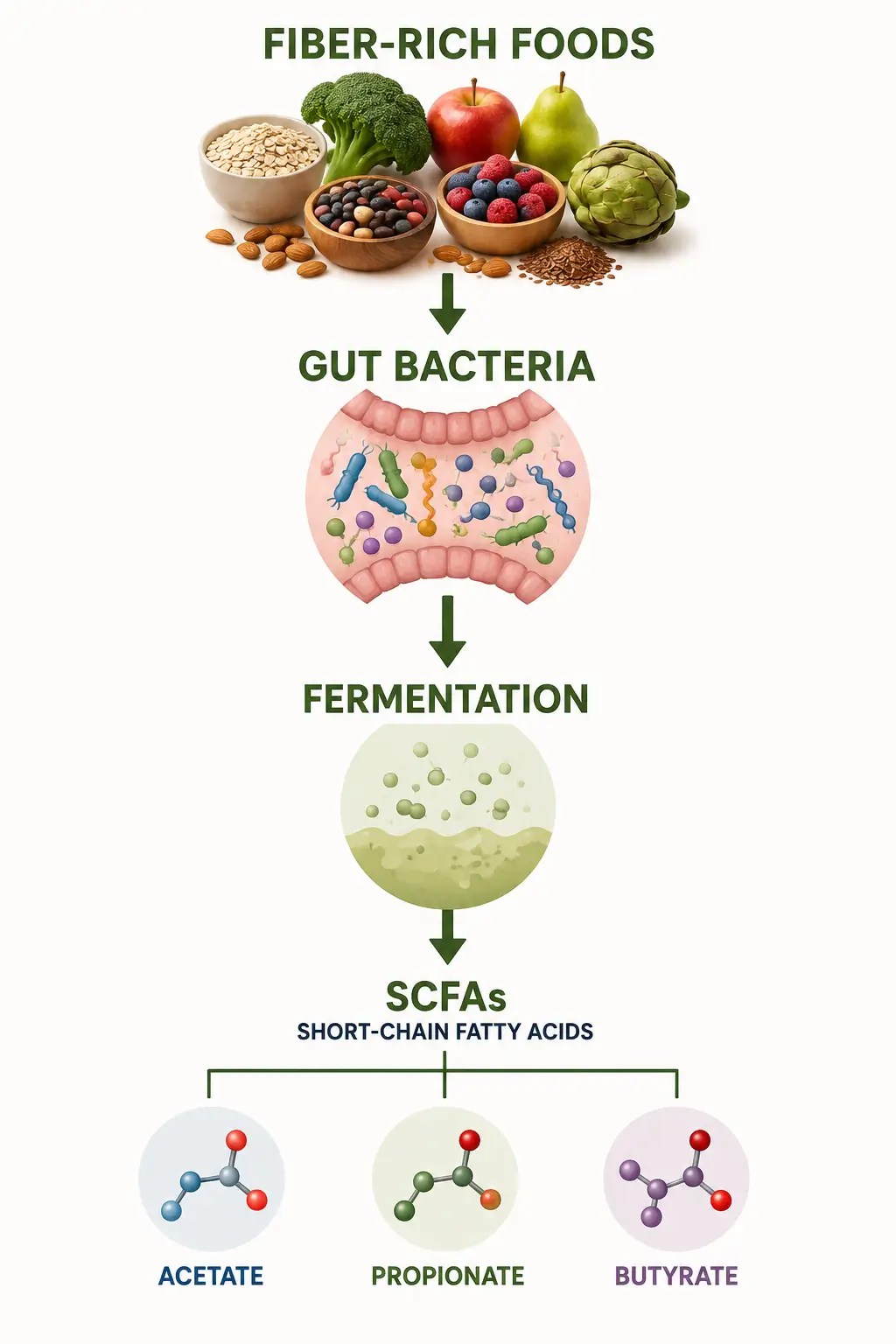 Diagram showing dietary fiber fermented by gut bacteria to produce short-chain fatty acids