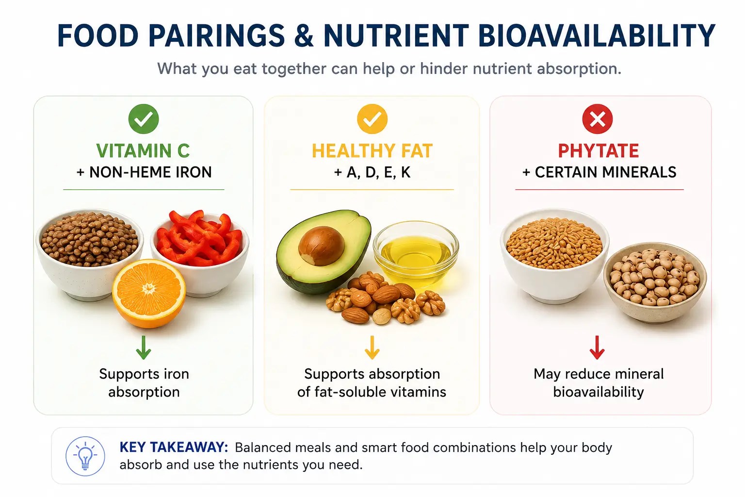 Food pairing infographic showing how vitamin C, dietary fat, and phytate can influence nutrient bioavailability