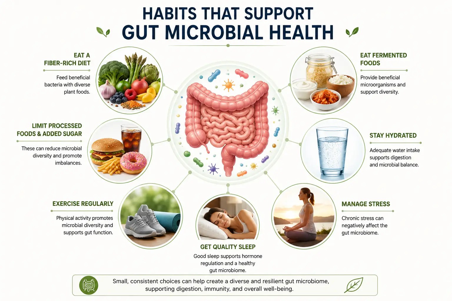 Infographic showing lifestyle habits that may support gut microbial health, including fiber-rich foods, fermented foods, hydration, exercise, sleep, and stress management