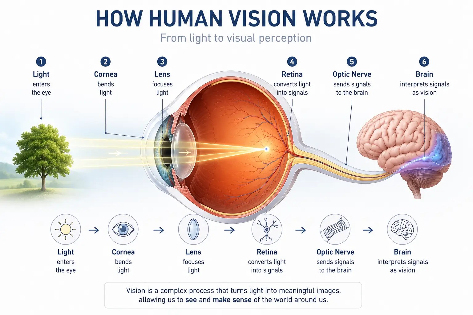 Diagram showing how light travels through the eye to the retina and visual pathways