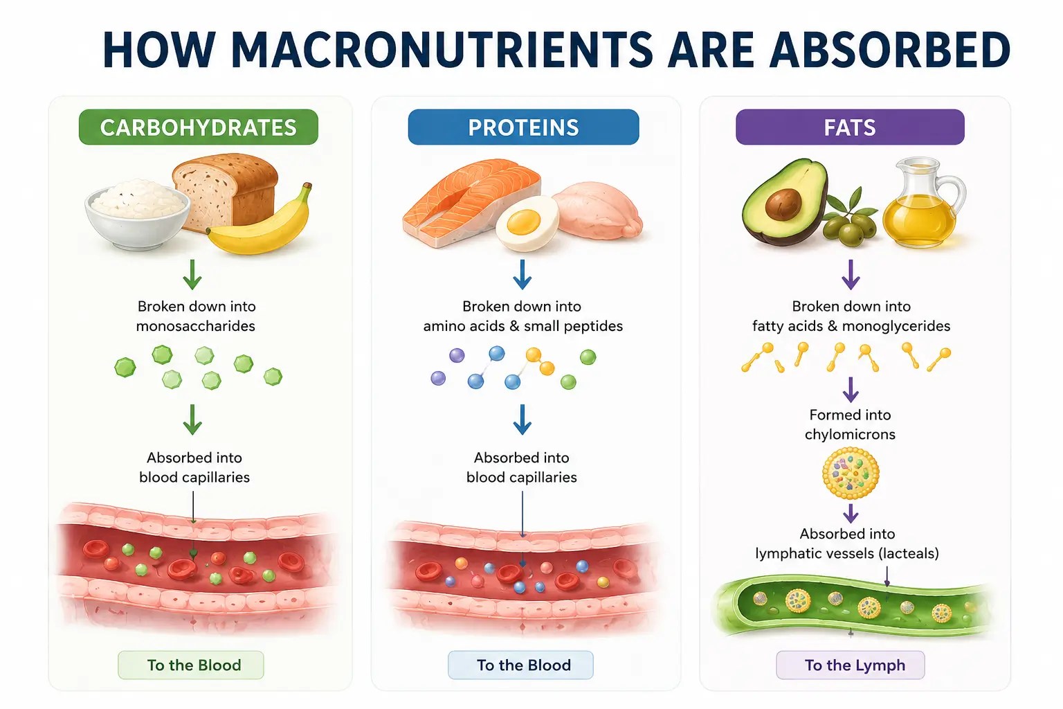 Comparison of carbohydrate, protein, and fat digestion and their pathways of intestinal absorption
