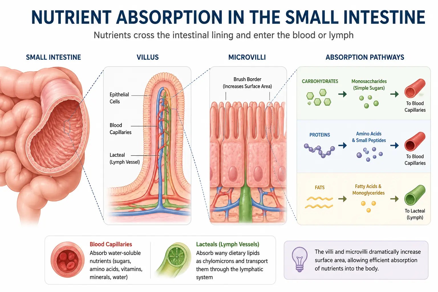 Small intestinal villi and microvilli showing nutrient absorption into blood capillaries and lymphatic lacteals
