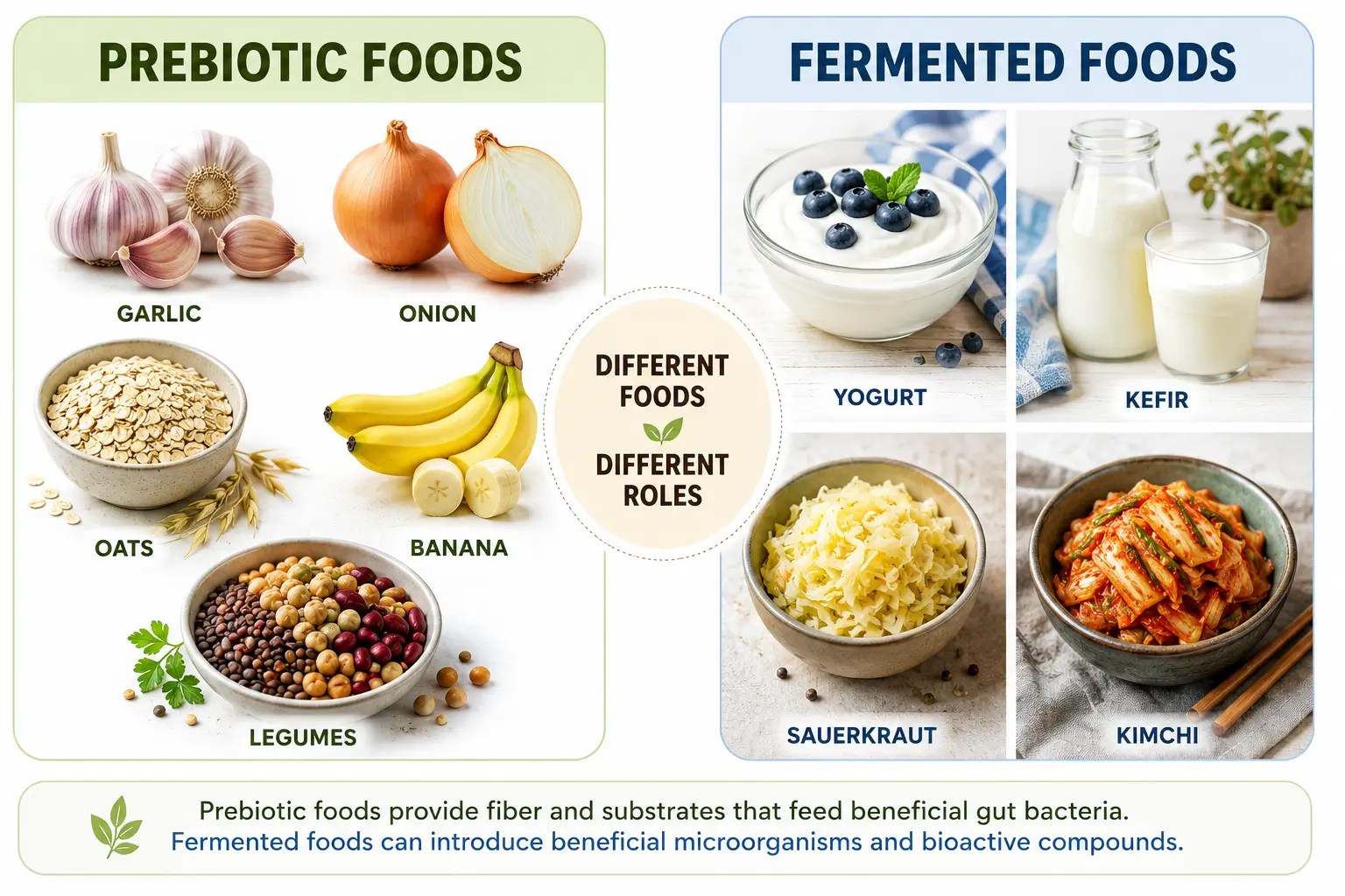 Examples of prebiotic foods and fermented foods that can be included in a diverse diet