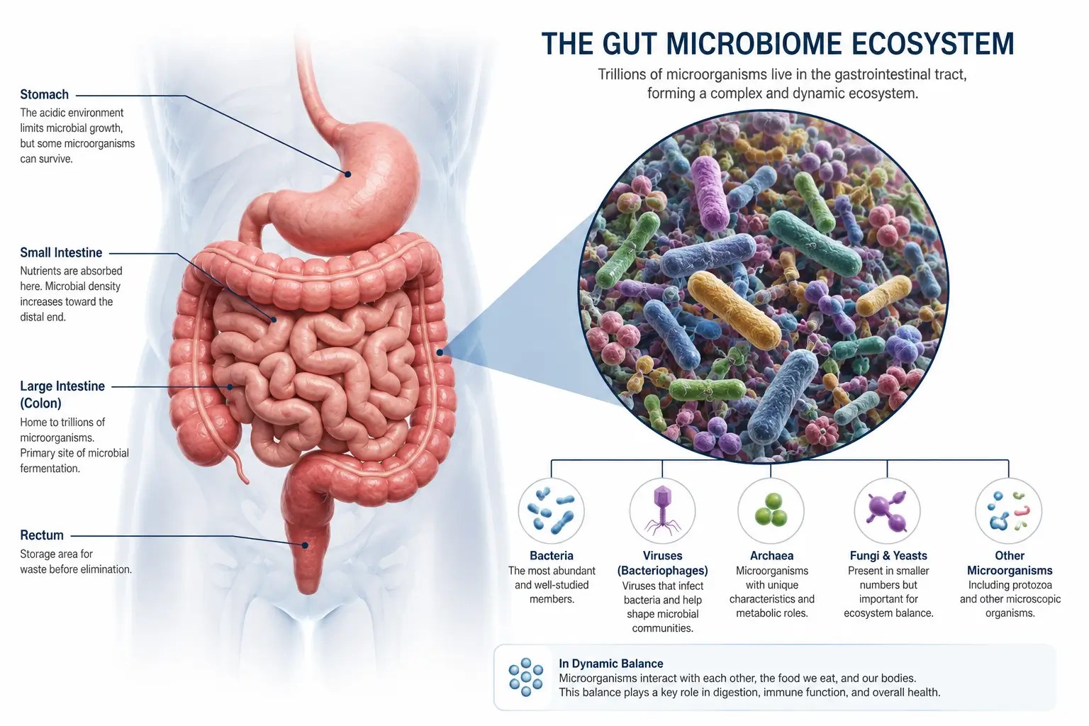 Illustration of the human digestive tract showing the gut microbiome ecosystem and diverse microorganisms living primarily in the large intestine